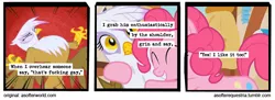Size: 720x261 | Tagged: safe, artist:asofterequestria, derpibooru import, edit, edited screencap, screencap, gilda, pinkie pie, gryphon, pony, comic:a softer equestria, griffon the brush off, a softer world, comic, duo, female, gay, hug, male, mare, pun, red background, screencap comic, simple background, surprised, vulgar