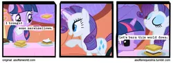 Size: 720x261 | Tagged: safe, artist:asofterequestria, derpibooru import, edit, edited screencap, screencap, rarity, twilight sparkle, pony, unicorn, comic:a softer equestria, look before you sleep, a softer world, comic, duo, female, food, mare, marshmallow, s'mores, screencap comic, unicorn twilight