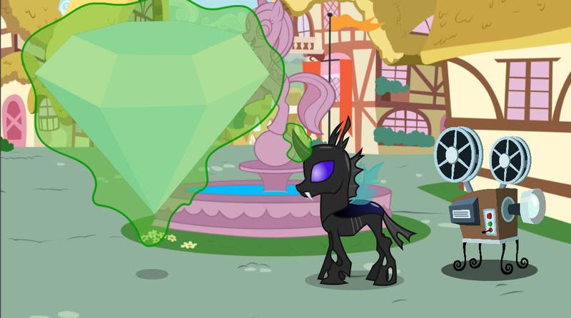 Size: 1153x643 | Tagged: safe, derpibooru import, changeling, diamond, film projector, flagpole, fountain, ponyville