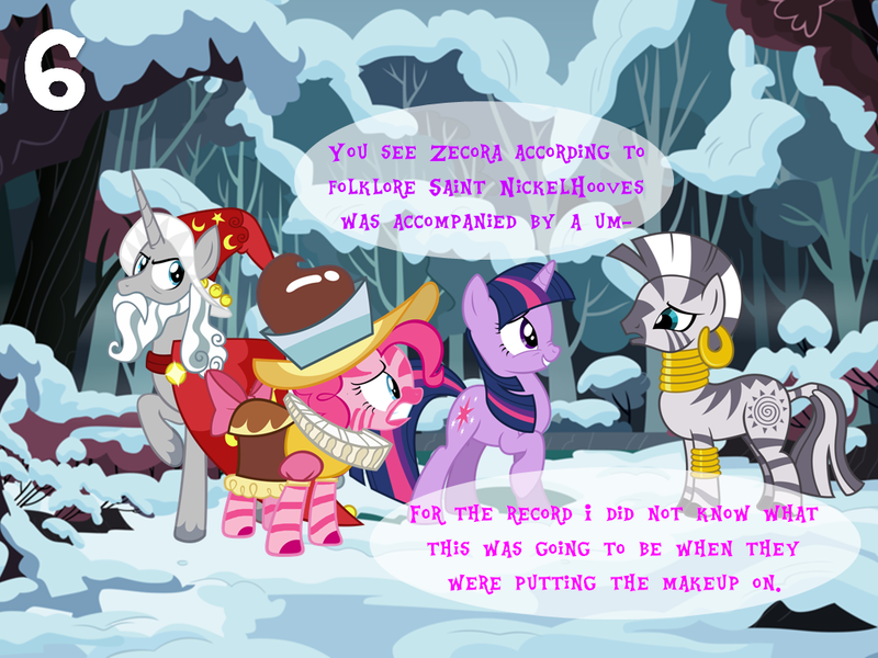 Size: 1024x768 | Tagged: safe, artist:bronybyexception, derpibooru import, pinkie pie, star swirl the bearded, twilight sparkle, zecora, pony, unicorn, zebra, advent calendar, black peter, blackface, dutch, female, makeup, male, mare, netherlands, racism, saint nicholas, saint nicklehooves, snow, species swap, stallion, stripeface, unicorn twilight, zebraface, zebrafied, zebras as black people stereotype, zwarte piet