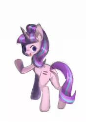 Size: 844x1200 | Tagged: safe, artist:ikirunosindo, derpibooru import, starlight glimmer, pony, unicorn, equal cutie mark, female, mare, simple background, solo, traditional art, waving