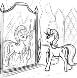 Size: 1280x1299 | Tagged: safe, artist:pony-way, derpibooru import, starlight glimmer, pony, unicorn, the cutie map, chest fluff, duality, ear fluff, equal cutie mark, female, grayscale, inner demons, looking at each other, mare, mirror, monochrome, open mouth, raised hoof, reflection, s5 starlight, self ponidox, sketch, solo, staff, staff of sameness