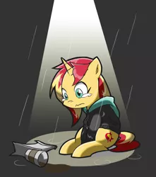 Size: 1327x1498 | Tagged: safe, artist:rvceric, derpibooru import, sunset shimmer, pony, unicorn, eqg summertime shorts, equestria girls, monday blues, clothes, coffee, crying, cup, female, mare, paper bag, rain, sad, sitting, solo, sunsad shimmer