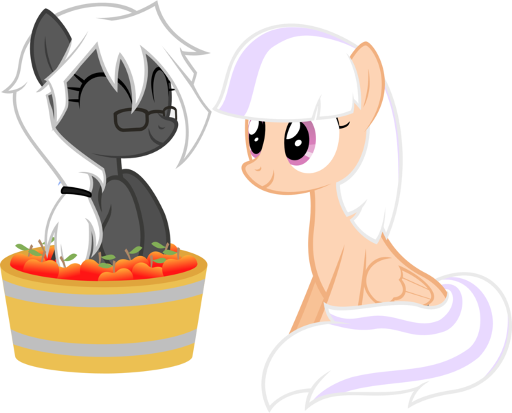 Size: 1765x1422 | Tagged: safe, artist:zacatron94, derpibooru import, oc, oc:captain white, oc:sweep star, unofficial characters only, pegasus, pony, apple, basket, female, food, mare, pony in a basket, simple background, sitting, transparent background, vector