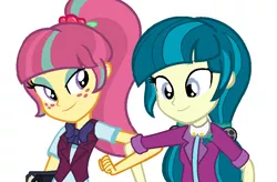 Size: 896x588 | Tagged: safe, artist:mlpshimmysunshine123, derpibooru import, juniper montage, sour sweet, equestria girls, base used, bowtie, clothes, crystal prep academy uniform, duo, female, freckles, junipersweet, lesbian, missing accessory, ponytail, school uniform, shipping, simple background, white background