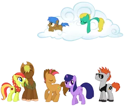 Size: 5771x4909 | Tagged: safe, artist:petraea, derpibooru import, oc, oc:altair, oc:berner, oc:florina, oc:glamour, oc:mighty, oc:otto, oc:sparky, unofficial characters only, earth pony, pegasus, pony, unicorn, absurd resolution, braid, cloud, colored hooves, cowboy hat, cutie mark, female, filly, foal, hat, hooves, lying on a cloud, male, mare, on a cloud, simple background, stallion, sunglasses, transparent background, vector, wings