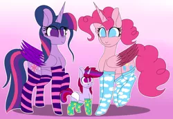 Size: 4038x2790 | Tagged: safe, artist:tomboygirl45, derpibooru import, pinkie pie, twilight sparkle, twilight sparkle (alicorn), oc, oc:fruity flare, alicorn, pony, unicorn, princessponk, alicornified, ask, clothes, colt, diaper, female, high res, lesbian, magical lesbian spawn, male, multicolored hair, offspring, parent:pinkie pie, parent:twilight sparkle, parents:twinkie, pinkiecorn, race swap, shipping, socks, striped socks, tumblr, twinkie, xk-class end-of-the-world scenario