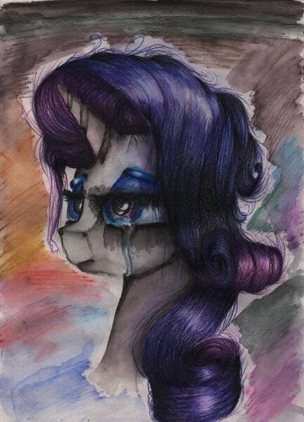 Size: 721x1000 | Tagged: safe, artist:rinioshi, derpibooru import, rarity, pony, unicorn, bust, crying, female, lidded eyes, makeup, mare, portrait, running makeup, solo, traditional art