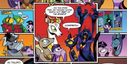 Size: 1039x524 | Tagged: safe, artist:andypriceart, derpibooru import, idw, abyssinian king, abyssinian queen, cave troll jim, iron will, king aspen, king longhorn, queen chrysalis, twilight sparkle, twilight sparkle (alicorn), abyssinian, alicorn, bat pony, breezie, bull, deer, parrot, parrot pirates, pony, my little pony: the movie, spoiler:comic, spoiler:comic61, comic, cowboy hat, crackers, cropped, doe, female, food, hat, mare, meta, official comic, pirate, speech bubble, stag, troll