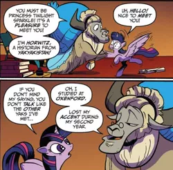 Size: 614x605 | Tagged: safe, artist:andypriceart, derpibooru import, idw, horwitz, twilight sparkle, twilight sparkle (alicorn), alicorn, pony, yak, spoiler:comic, spoiler:comic61, comic, cropped, duo, female, glasses, hoofshake, male, mare, official comic, orange background, simple background, speech bubble