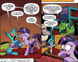 Size: 1041x832 | Tagged: safe, artist:andypriceart, derpibooru import, idw, blacktip, horwitz, twilight sparkle, twilight sparkle (alicorn), urtica, alicorn, changedling, changeling, dragon, pony, yak, spoiler:comic, spoiler:comic61, book, comic, cropped, female, floppy ears, library, male, mare, official comic, orange background, simple background, speech bubble, stuttering