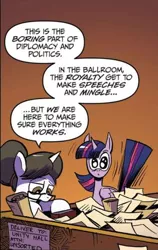 Size: 376x594 | Tagged: safe, artist:andypriceart, derpibooru import, idw, raven, twilight sparkle, twilight sparkle (alicorn), alicorn, pony, unicorn, spoiler:comic, spoiler:comic61, brown background, cropped, duo, female, mare, official comic, orange background, simple background, speech bubble, tail, tailboner, that pony sure does love organization