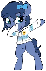 Size: 1073x1671 | Tagged: safe, artist:wenni, derpibooru import, oc, oc:whinny, unofficial characters only, earth pony, pony, 2018 community collab, derpibooru community collaboration, bipedal, bow, clothes, dab, emoji, female, hair bow, hoodie, mare, simple background, solo, solo jazz, thinking emoji, transparent background