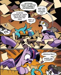 Size: 694x853 | Tagged: safe, artist:andypriceart, derpibooru import, idw, glenda, raven, twilight sparkle, twilight sparkle (alicorn), urtica, alicorn, changedling, changeling, gryphon, pony, spoiler:comic, spoiler:comic61, comic, cropped, female, horn impalement, mare, official comic, orange background, paper, simple background, speech bubble, that pony sure does love organization