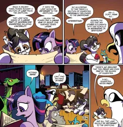 Size: 1138x1170 | Tagged: safe, artist:andypriceart, derpibooru import, idw, blacktip, glenda, horwitz, raven, twilight sparkle, twilight sparkle (alicorn), urtica, alicorn, changedling, changeling, dragon, gryphon, pony, yak, spoiler:comic, spoiler:comic61, comic, cropped, female, mare, official comic, orange background, simple background, speech bubble