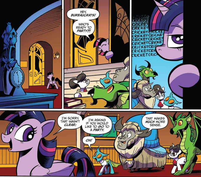 Size: 1060x933 | Tagged: safe, artist:andypriceart, derpibooru import, idw, blacktip, horwitz, raven, twilight sparkle, twilight sparkle (alicorn), urtica, alicorn, changedling, changeling, dragon, pony, yak, spoiler:comic, spoiler:comic61, bureaucrat, comic, cropped, female, male, mare, official comic, speech bubble