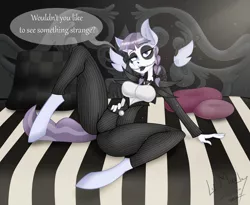 Size: 2013x1652 | Tagged: suggestive, artist:lil miss jay, derpibooru import, inky rose, anthro, unguligrade anthro, bed, breasts, busty inky rose, clothes, costume, crossover, dialogue, female, floating wings, jack skellington, looking at you, open mouth, solo, solo female, speech bubble, spread legs, spreading, the nightmare before christmas