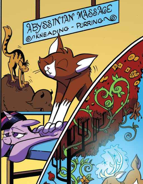 Size: 514x665 | Tagged: safe, artist:andypriceart, derpibooru import, idw, twilight sparkle, twilight sparkle (alicorn), abyssinian, alicorn, buffalo, cat, deer, pony, spoiler:comic, spoiler:comic61, antlers, back rubbing, comic, cropped, eyes closed, female, glowing horn, kneading, lidded eyes, magic, mare, massage, official comic, plant magic, prone, smiling, tree, vine