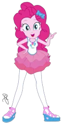 Size: 1030x2048 | Tagged: safe, artist:ilaria122, derpibooru import, pinkie pie, equestria girls, equestria girls series, super squad goals, bow, clothes, cute, cutie mark on clothes, diapinkes, female, geode of sugar bombs, hair bow, hand on hip, looking at you, not a vector, open mouth, sandals, simple background, solo, transparent background