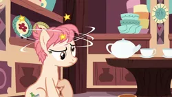 Size: 1280x720 | Tagged: safe, derpibooru import, screencap, raspberry vinaigrette, earth pony, pony, discordant harmony, circling stars, cup, derp, dizzy, female, mare, solo, teacup, teapot