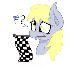 Size: 1269x1141 | Tagged: artist:paskanaakka, bust, checkered flag, derp, derpibooru import, derpy hooves, ear fluff, finland, flag, freckles, mouth hold, nose wrinkle, portrait, pun, question mark, safe, simple background, solo, visual pun, white background