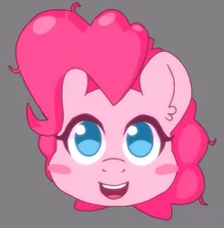 Size: 505x514 | Tagged: safe, artist:omegaozone, derpibooru import, pinkie pie, earth pony, pony, blush sticker, blushing, bust, female, gray background, looking at you, mare, open mouth, simple background, smiling, solo