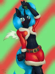 Size: 2112x2816 | Tagged: safe, artist:frist44, derpibooru import, changeling queen oc, oc, oc:rescue pony, unofficial characters only, anthro, changeling, changeling queen, belt, blue changeling, blushing, changeling oc, christmas, christmas changeling, christmas outfit, clothes, cute, female, holiday, imminent kissing, miniskirt, mistletoe, skirt, solo