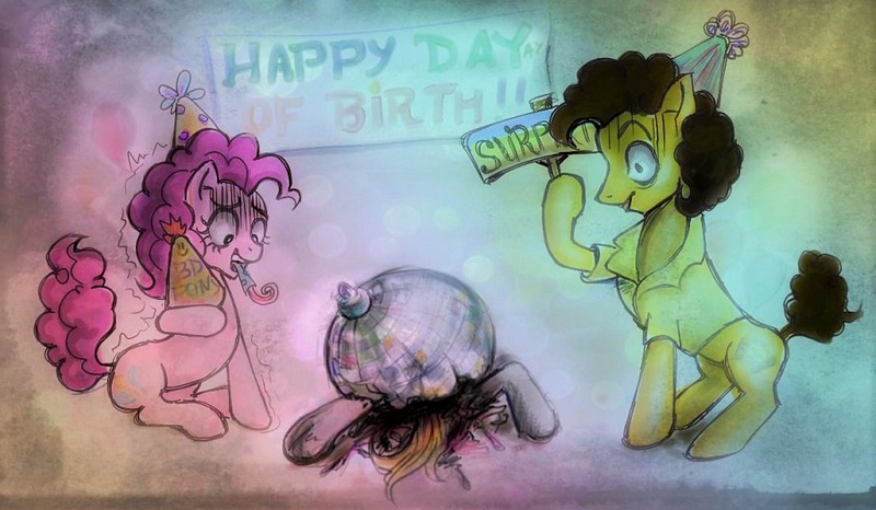 Size: 904x527 | Tagged: safe, artist:pon_pon_pon, derpibooru import, cheese sandwich, pinkie pie, dark, killing party