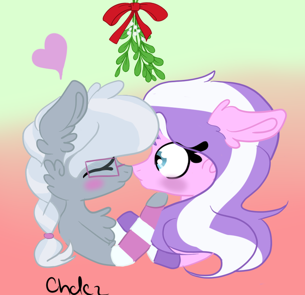 Size: 835x808 | Tagged: safe, artist:chrissydrawscz, derpibooru import, diamond tiara, silver spoon, earth pony, pony, blushing, chest fluff, clothes, eyes closed, female, heart, lesbian, mare, mistletoe, older, older diamond tiara, older silver spoon, shipping, silvertiara, socks, striped socks