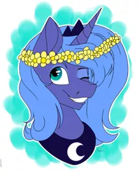 Size: 946x1169 | Tagged: safe, artist:ggchristian, derpibooru import, princess luna, alicorn, pony, bust, collar, female, floral head wreath, flower, jewelry, mare, necklace, one eye closed, portrait, regalia, s1 luna, smiling, solo, wink