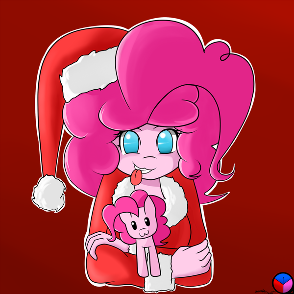 Size: 1280x1280 | Tagged: safe, artist:genericmlp, derpibooru import, pinkie pie, earth pony, pony, equestria girls, :3, christmas, clothes, costume, female, hat, holiday, human ponidox, mare, plushie, red background, santa costume, santa hat, self plushidox, self ponidox, simple background, solo, tongue out