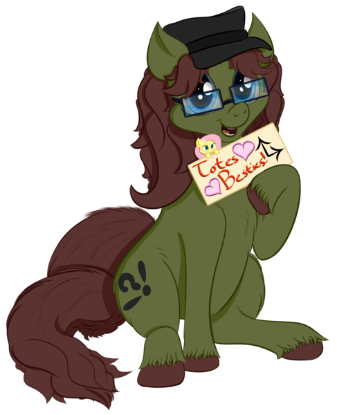 Size: 2656x3272 | Tagged: safe, artist:kayosdrive, derpibooru import, fluttershy, oc, oc:kay, unofficial characters only, earth pony, pony, 2018 community collab, derpibooru community collaboration, cutie mark, flower, glasses, hat, jewelry, key, looking at you, male, plushie, sign, simple background, sitting, smiling, solo, transparent background, unshorn fetlocks