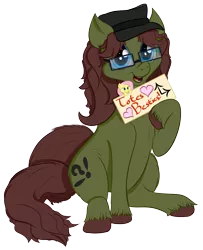 Size: 2656x3272 | Tagged: safe, artist:kayosdrive, derpibooru import, fluttershy, oc, oc:kay, unofficial characters only, earth pony, pony, 2018 community collab, derpibooru community collaboration, cutie mark, flower, glasses, hat, jewelry, key, looking at you, male, plushie, sign, simple background, sitting, smiling, solo, transparent background, unshorn fetlocks