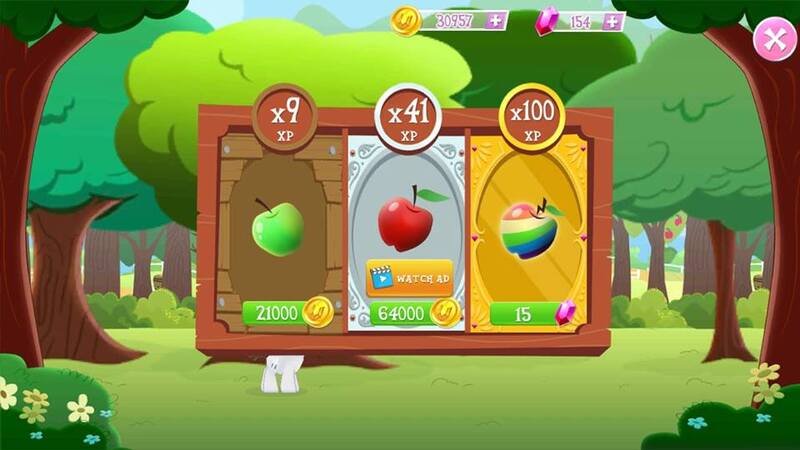 Size: 960x540 | Tagged: safe, derpibooru import, truffle shuffle, pony, apple, apple tree, bits, colt, expensive, flower, food, game screencap, gameloft, gem, green apple, male, red apple, sweet apple acres, tree, zap apple