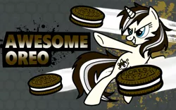 Size: 900x563 | Tagged: safe, artist:metal-jacket444, derpibooru import, oc, oc:awesome oreo, unofficial characters only, pony, unicorn, fighting is magic, cookie, female, food, mare, oreo, solo