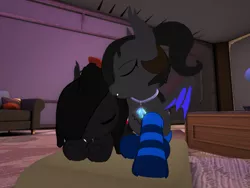 Size: 1024x768 | Tagged: safe, derpibooru import, oc, oc:dusk coffee, oc:midnight ruby, unofficial characters only, bat pony, bat pony oc, bed, chair, clothes, cuddling, cute, fangs, ocbetes, pillow, second life, sleeping, socks, striped socks
