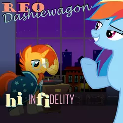 Size: 1200x1200 | Tagged: safe, artist:grapefruitface1, derpibooru import, rainbow dash, sunburst, ponified, pony, 80s, album cover, bedroom eyes, cape, clothes, duo, female, infidelity, male, mare, night, parody, ponified album cover, record player, reo speedwagon, retro, stallion