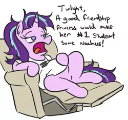 Size: 565x529 | Tagged: safe, artist:jargon scott, derpibooru import, starlight glimmer, pony, unicorn, bags under eyes, chair, clothes, dialogue, equal cutie mark, fat, female, lazy, mare, messy mane, neet, obese, open mouth, recliner, reclining, shirt, simple background, sitting, slob, solo, speech, text, white background