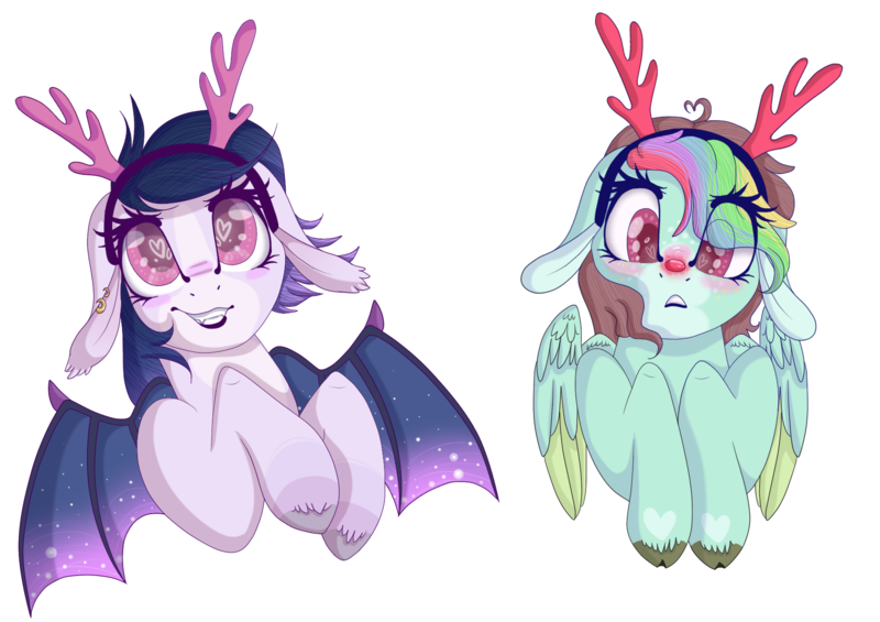 Size: 1700x1200 | Tagged: safe, artist:autumnheart462, derpibooru import, oc, oc:kinzzey starr, unofficial characters only, bat pony, pegasus, pony, animal costume, antlers, bat pony oc, bust, costume, female, floppy ears, heart eyes, mare, portrait, reindeer antlers, simple background, transparent background, wingding eyes