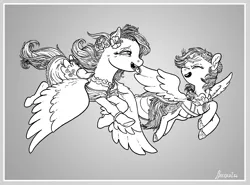 Size: 5533x4098 | Tagged: safe, artist:spectralunicorn, derpibooru import, fluttershy, rainbow dash, pegasus, pony, absurd resolution, bracelet, clothes, dress, female, flower, flower in hair, flutterdash, flying, grayscale, jewelry, lesbian, monochrome, open mouth, shipping, spread wings, wings, wreath