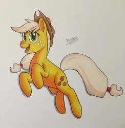 Size: 1300x1333 | Tagged: safe, artist:hypno, derpibooru import, applejack, earth pony, pony, female, hat, jumping, mare, smiling, solo, traditional art