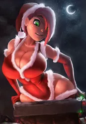 Size: 1216x1754 | Tagged: artist:maarthul, babs seed, big breasts, breasts, busty babs seed, chimney, christmas, christmas lights, cleavage, clothes, costume, crescent moon, derpibooru import, female, gloves, hair over one eye, hat, holiday, huge breasts, human, humanized, long gloves, moon, night, older, santa costume, santa hat, sexy, sexy santa costume, skintight clothes, socks, solo, solo female, stuck, stupid sexy babs seed, suggestive, thick, thigh highs, thighs, transparent moon, uniform, wide hips