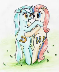 Size: 1769x2168 | Tagged: safe, artist:40kponyguy, derpibooru import, bon bon, lyra heartstrings, sweetie drops, earth pony, pony, unicorn, bipedal, ear fluff, female, floppy ears, grass, lesbian, looking at each other, lyrabon, shipping, traditional art