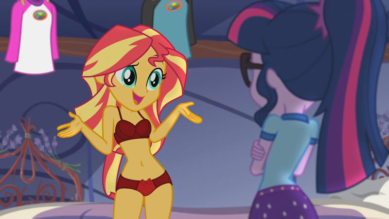 Size: 1920x1080 | Tagged: suggestive, artist:thevincenator, derpibooru import, edit, edited edit, edited screencap, editor:slayerbvc, screencap, sci-twi, sunset shimmer, twilight sparkle, equestria girls, legend of everfree, bra, breasts, clothes, panties, red underwear, underwear, underwear edit