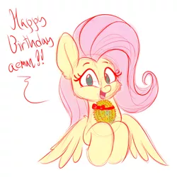 Size: 1000x1000 | Tagged: safe, artist:heir-of-rick, derpibooru import, fluttershy, pony, birthday gift, colored sketch, dialogue, durian, female, food, looking at you, mare, open mouth, simple background, smiling, solo, white background