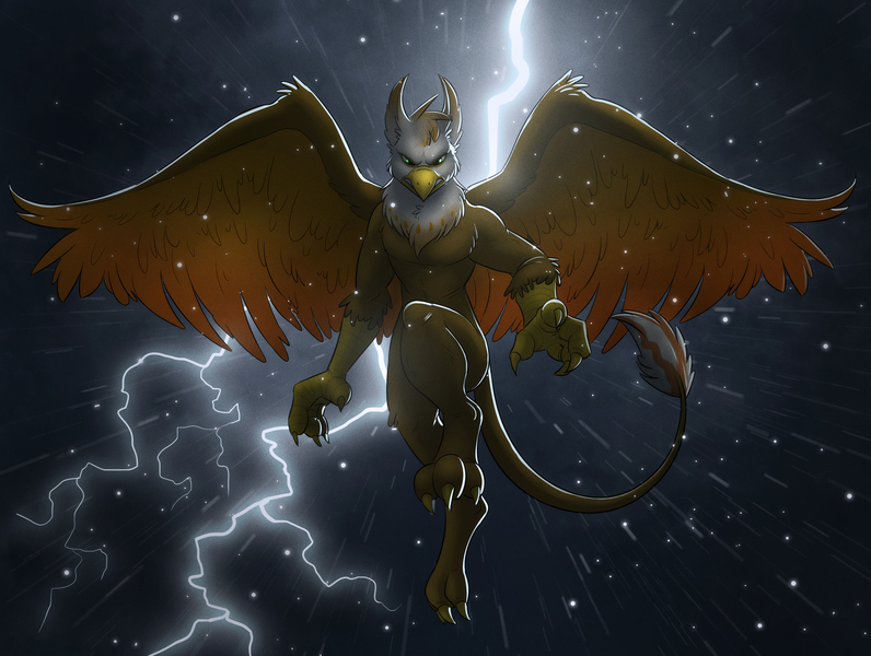 Size: 3200x2413 | Tagged: safe, artist:temiree, derpibooru import, oc, oc:ember burd, unofficial characters only, anthro, gryphon, anthro oc, claws, commission, eared griffon, flying, front view, griffon oc, lightning, looking at you, paws, rain, solo, spread wings, storm, talons, wings