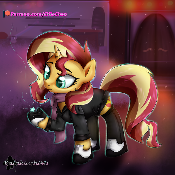 Size: 3000x3000 | Tagged: safe, artist:katakiuchi4u, derpibooru import, sunset shimmer, pony, unicorn, clothes, female, horn, jacket, mare, patreon, patreon logo, raised hoof, shoes, smiling, snow, solo, winter