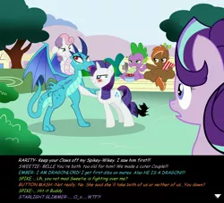Size: 3150x2857 | Tagged: safe, artist:succubi samus, derpibooru import, button mash, princess ember, rarity, spike, starlight glimmer, sweetie belle, dragon, bench, brofist, burned, catfight, commission, cute, dialogue, dialogue box, dragon lord ember, emberbetes, emberspike, female, filming, food, implied polyamory, male, meta, popcorn, shipping, shipping war, show accurate, sitting, soap opera, sparity, spike gets all the mares, spikebelle, straight, sweetiemash, text, video camera, visual novel, waifu fight, wat, what the heck?, wtf