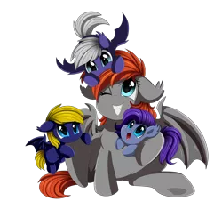 Size: 3882x3509 | Tagged: safe, artist:pridark, derpibooru import, oc, oc:dusk, oc:grem, oc:midnight, oc:vera, unofficial characters only, bat pony, adorable face, bat pony oc, colt, cute, family, female, filly, foal, happy, hug, male, nom, one eye closed, simple background, smiling, transparent background