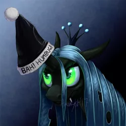 Size: 800x799 | Tagged: artist:amethystlongcat, bust, changeling, christmas, christmas changeling, commission, derpibooru import, ebenezer scrooge, fangs, female, glowing eyes, grumpy, hat, holiday, pun, queen chrysalis, safe, santa hat, scowl, signature, solo, visual pun